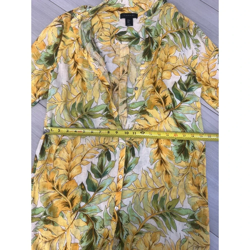 Tahari Linen Long Sleeve Shirt Dress Sz M Tropical‎ Print Coastal Boho Vacation